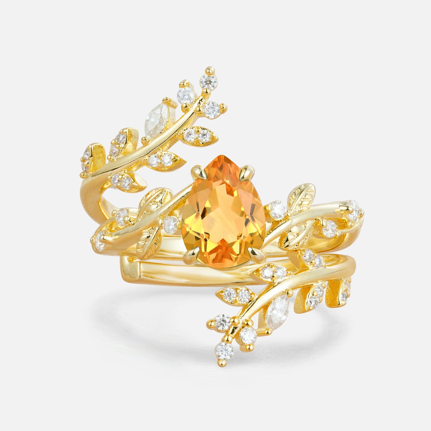 Nature Inspired  Pear Cut Citrine Bridal Ring Set for Women
