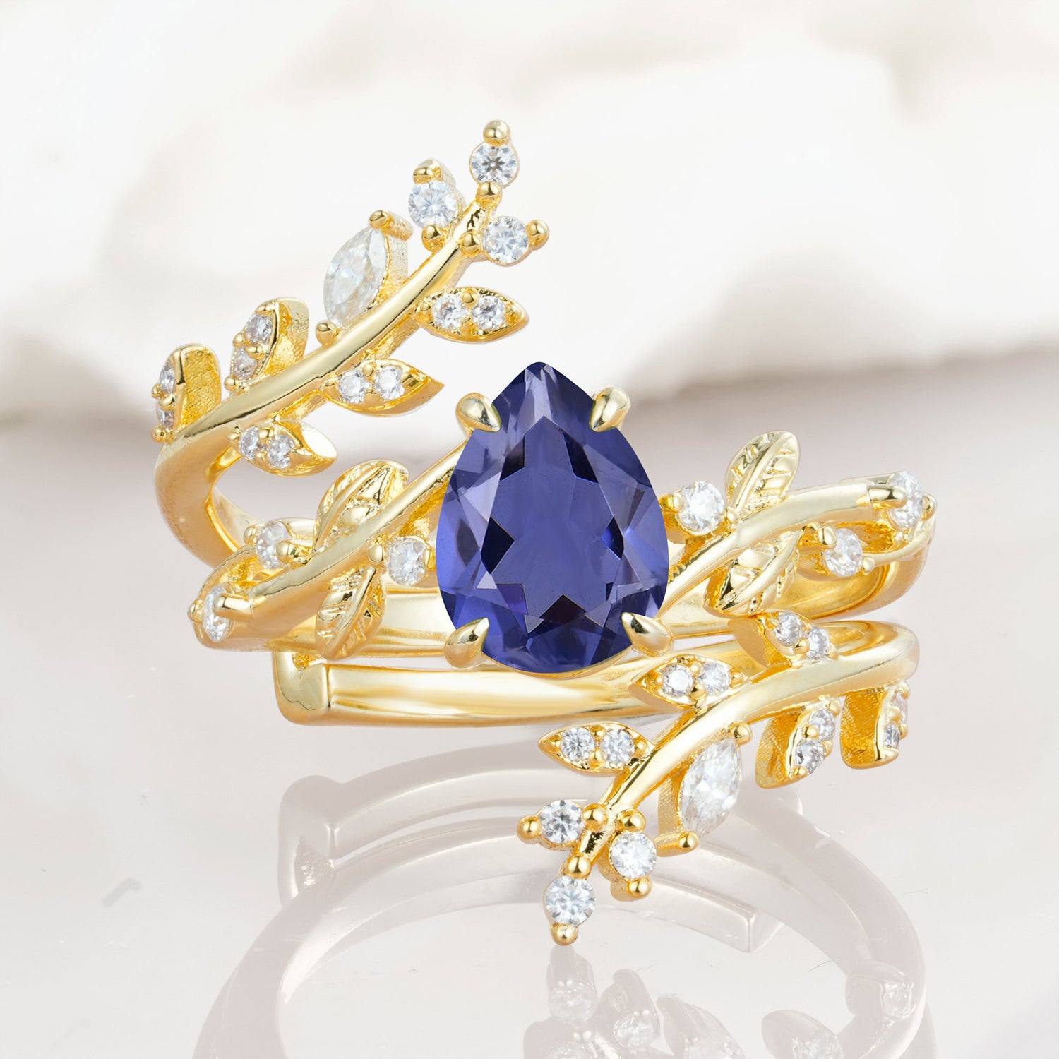 Nature Inspired  Pear Cut Tanzanite Bridal Ring Set for Women