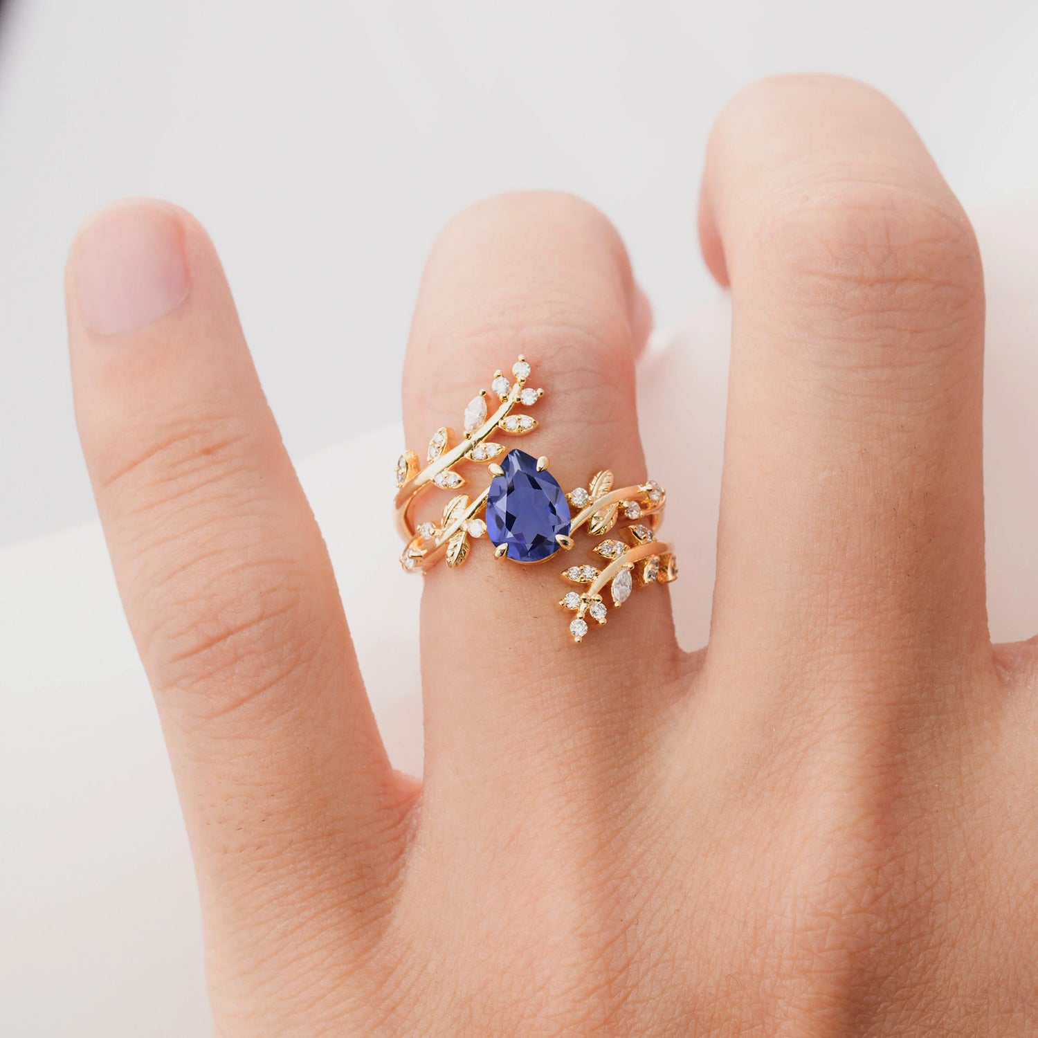 Nature Inspired  Pear Cut Tanzanite Bridal Ring Set for Women