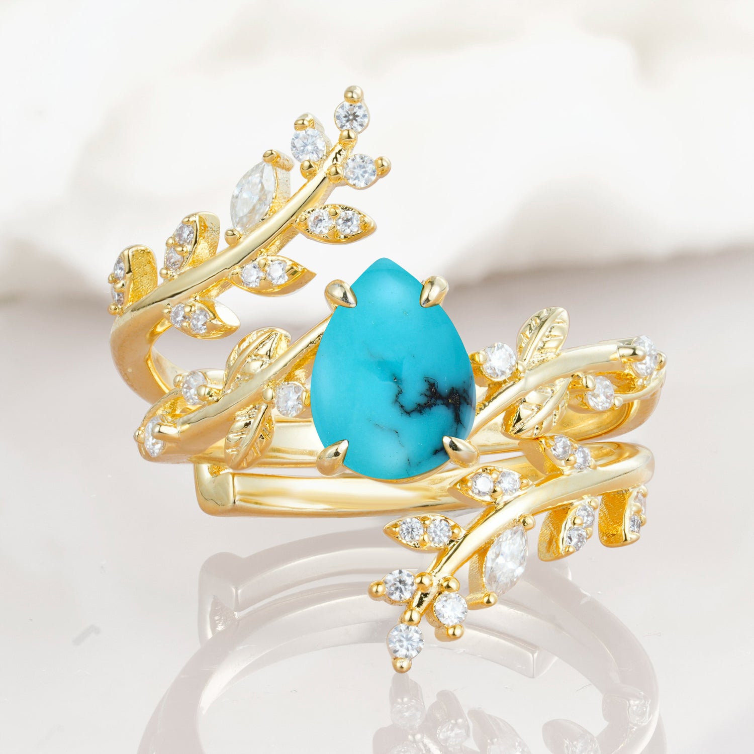 Nature Inspired  Pear Cut Turquoise Bridal Ring Set for Women