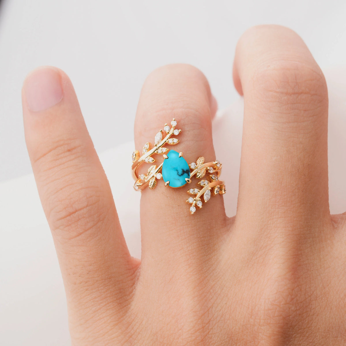 Nature Inspired  Pear Cut Turquoise Bridal Ring Set for Women