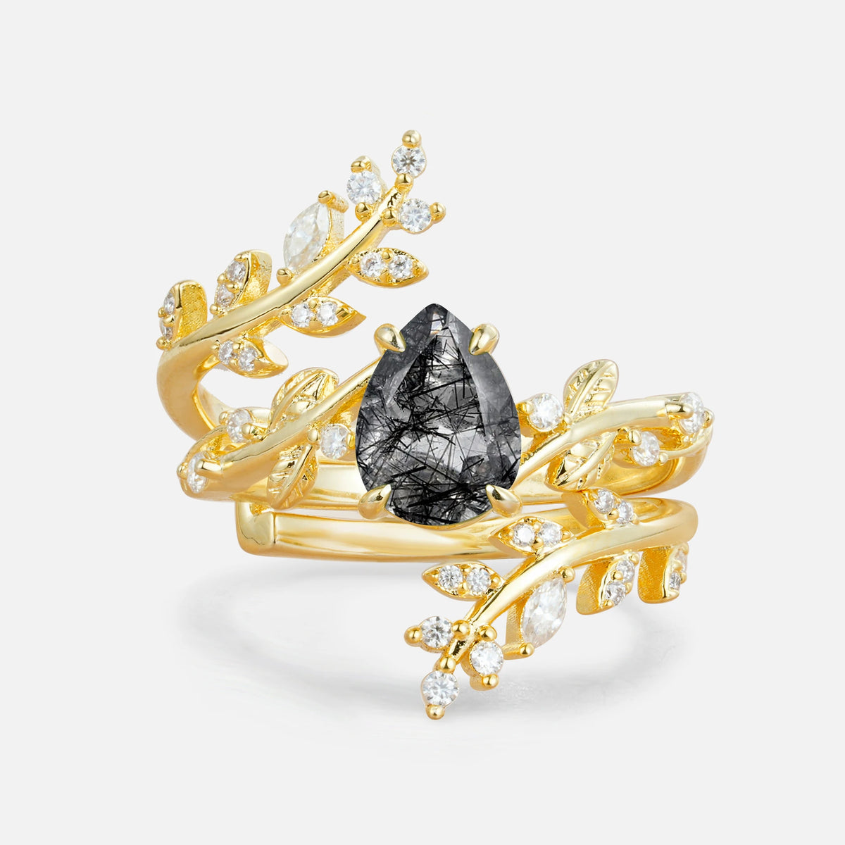 Nature Inspired  Pear Cut Black Rutilated Quartz Bridal Ring Set for Women