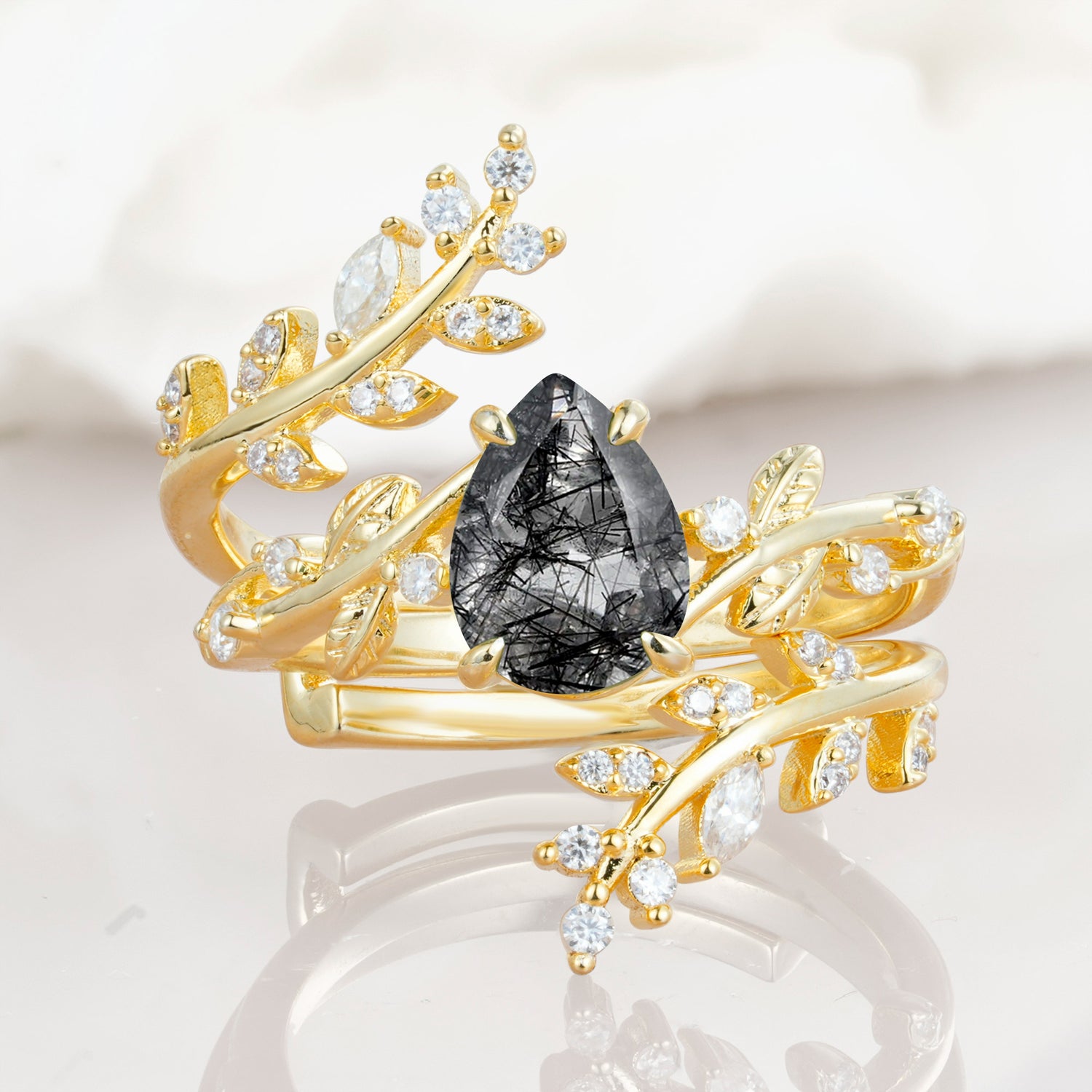 Nature Inspired  Pear Cut Black Rutilated Quartz Bridal Ring Set for Women