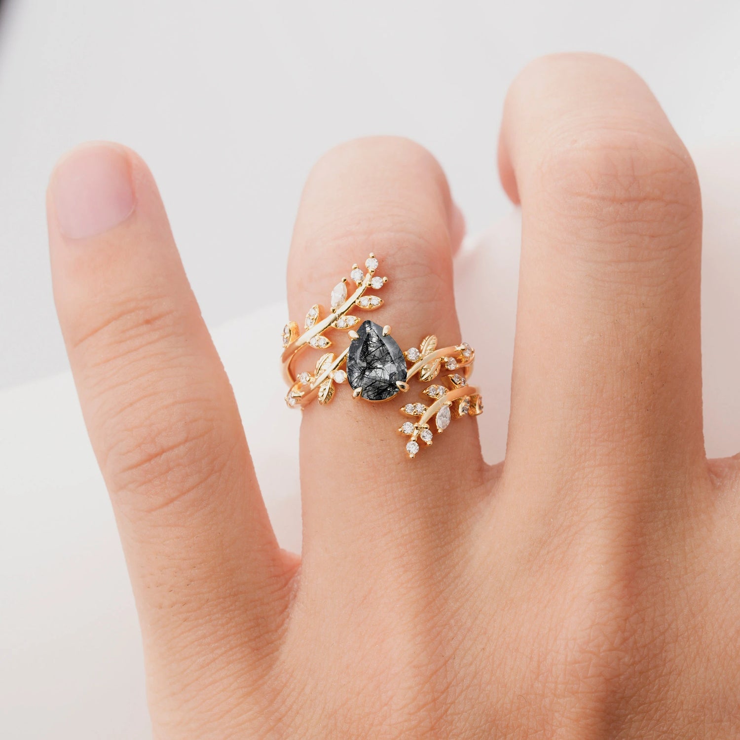 Nature Inspired  Pear Cut Black Rutilated Quartz Bridal Ring Set for Women
