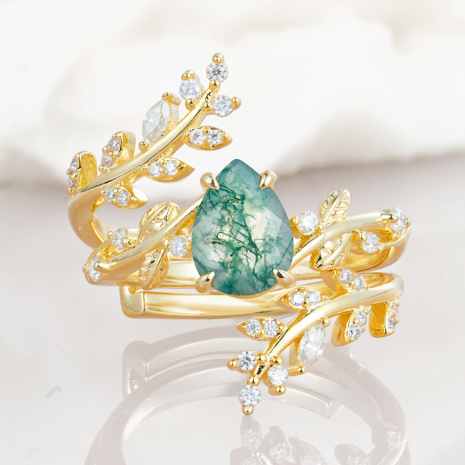 Nature Inspired  Pear Cut Moss Agate Bridal Ring Set for Women