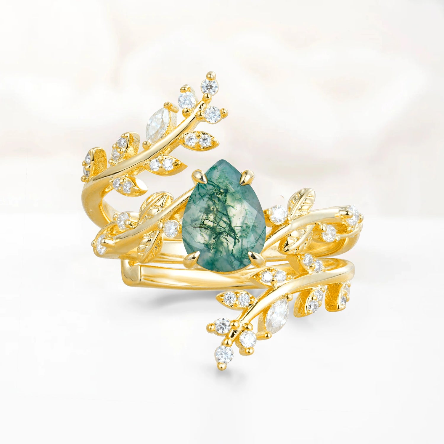 Nature Inspired  Pear Cut Moss Agate Bridal Ring Set for Women
