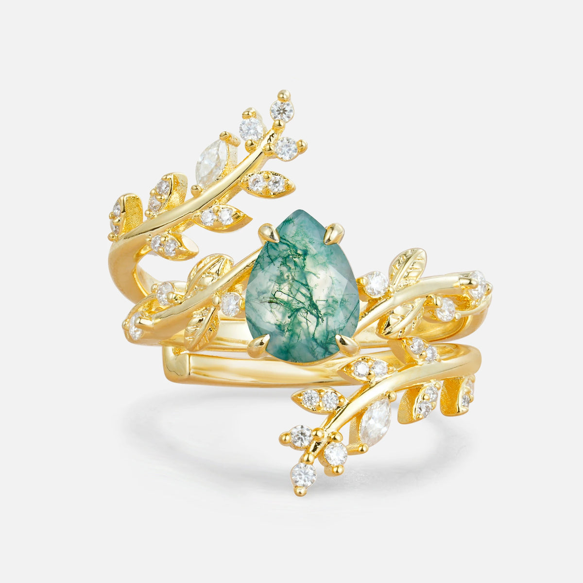 Nature Inspired  Pear Cut Moss Agate Bridal Ring Set for Women