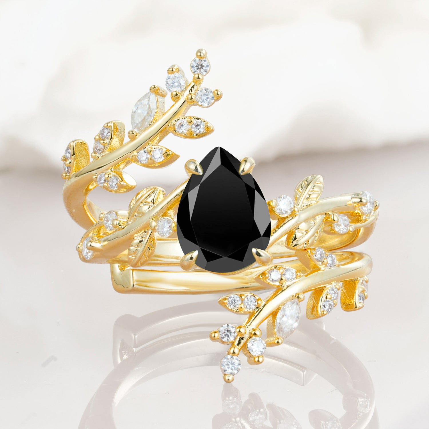 Nature Inspired  Pear Cut Black Onyx Bridal Ring Set for Women