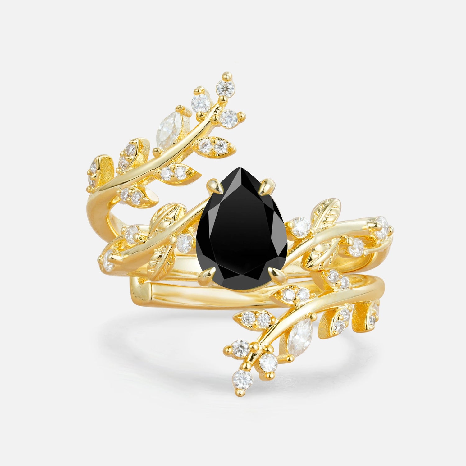 Nature Inspired  Pear Cut Black Onyx Bridal Ring Set for Women