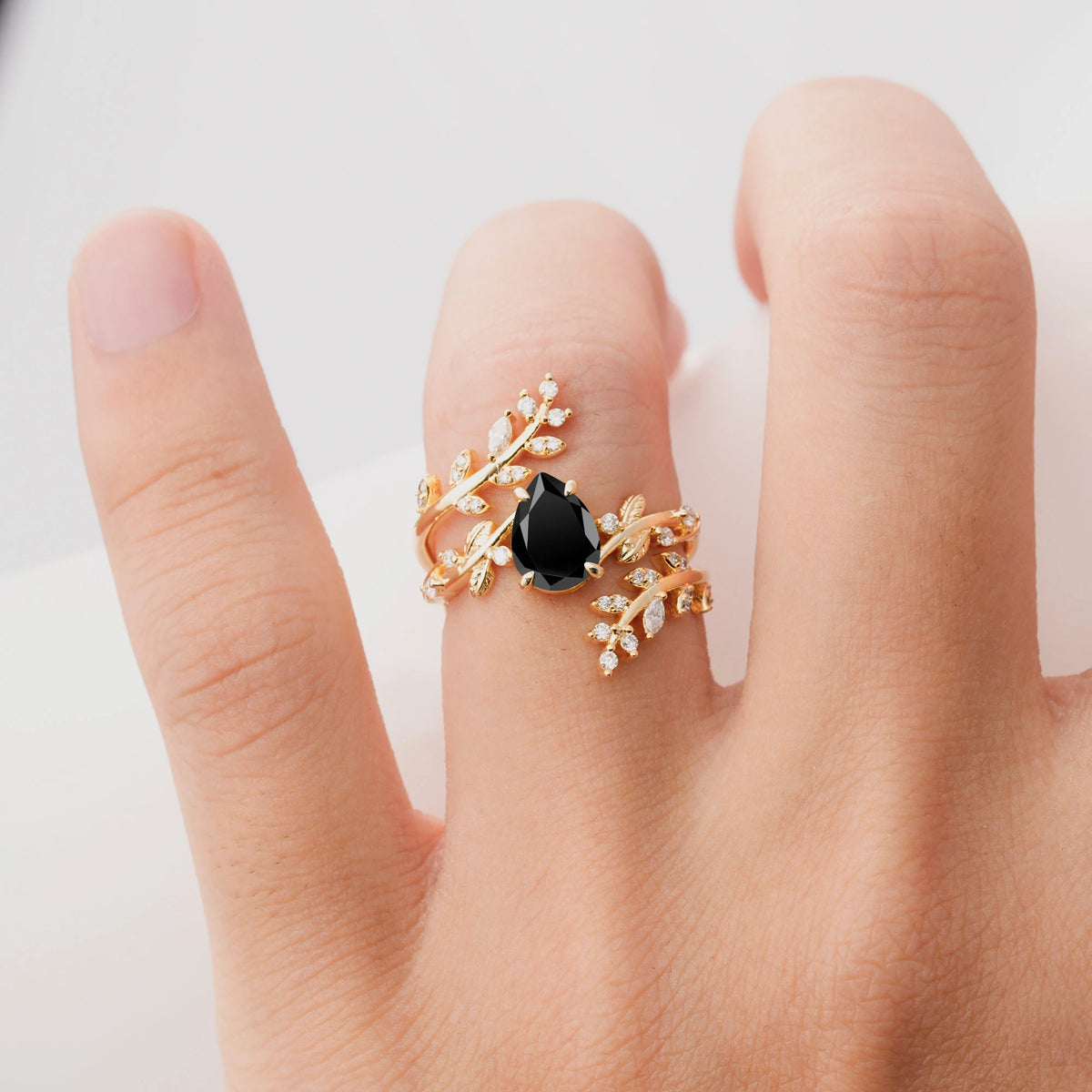 Nature Inspired  Pear Cut Black Onyx Bridal Ring Set for Women
