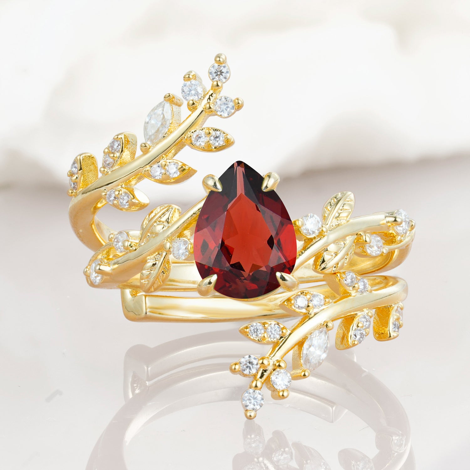 Nature Inspired  Pear Cut Garnet Bridal Ring Set for Women