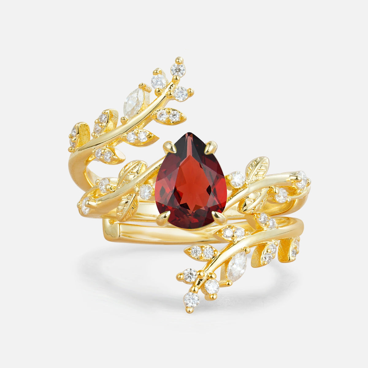 Nature Inspired  Pear Cut Garnet Bridal Ring Set for Women