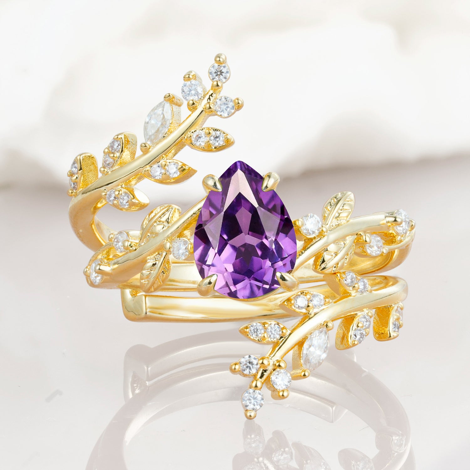 Nature Inspired  Pear Cut Amethyst Bridal Ring Set for Women