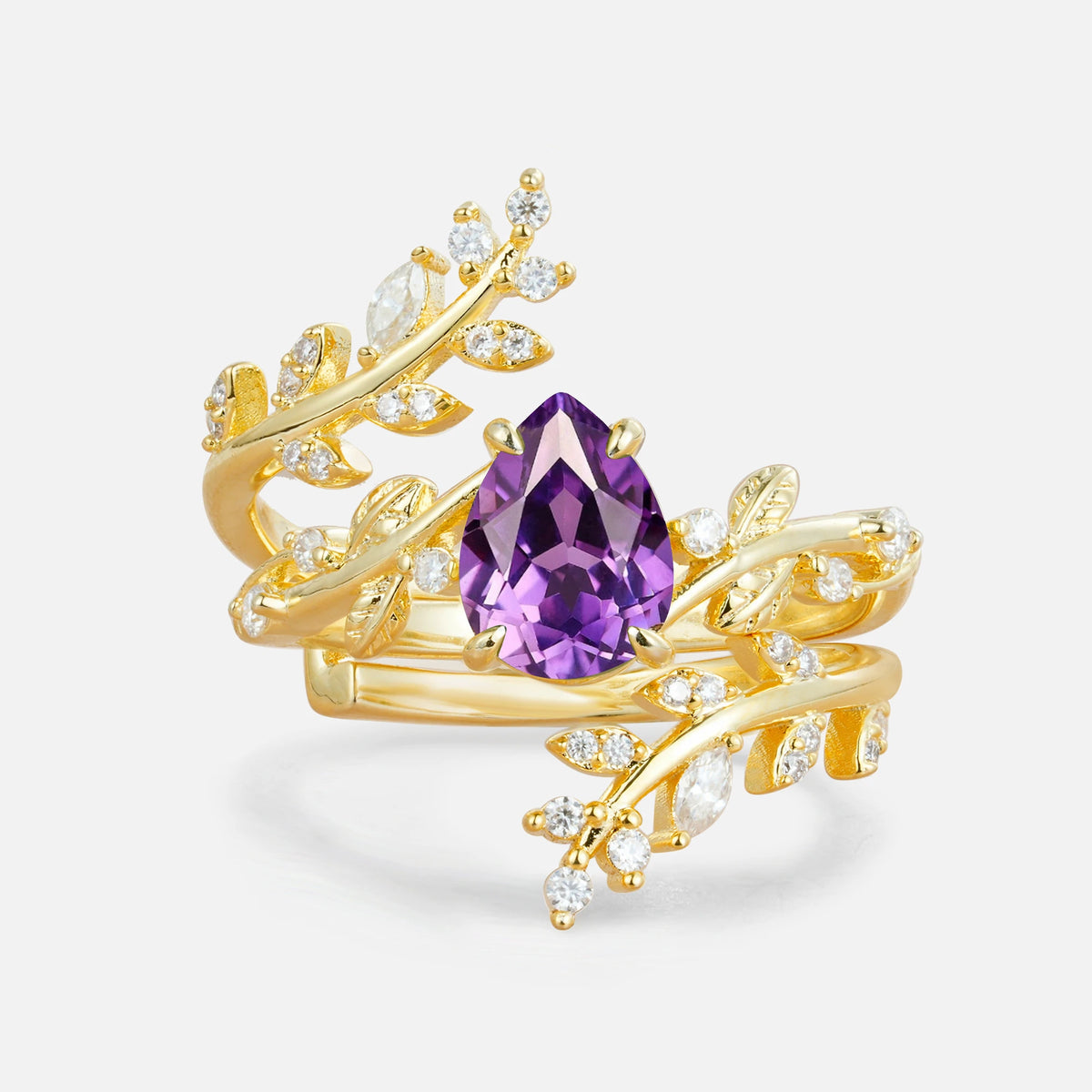 Nature Inspired  Pear Cut Amethyst Bridal Ring Set for Women
