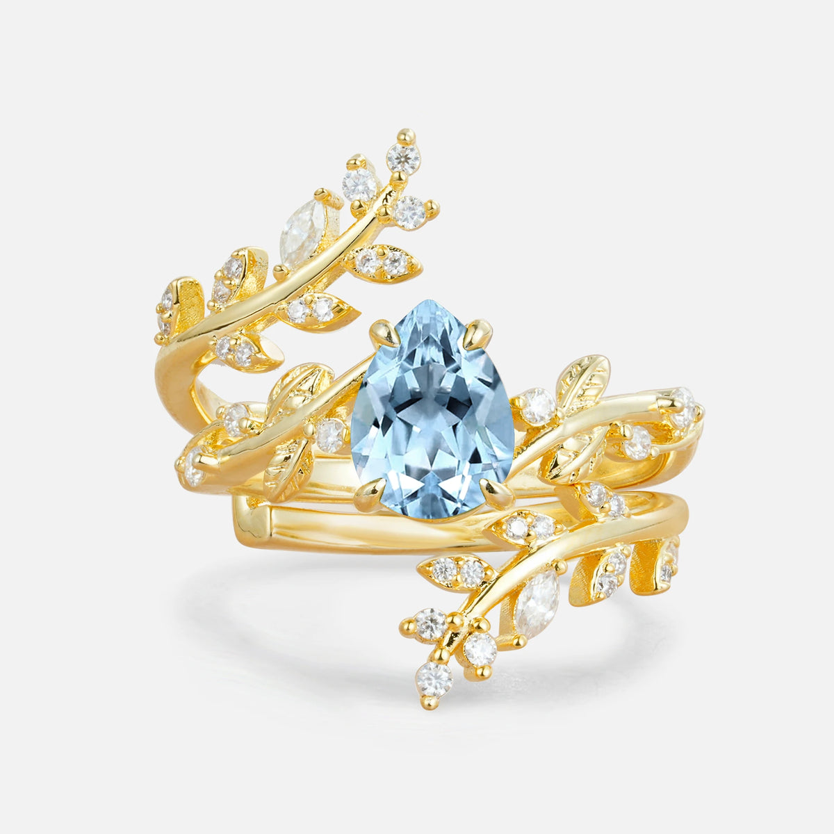 Nature Inspired  Pear Cut Aquamarine Bridal Ring Set for Women