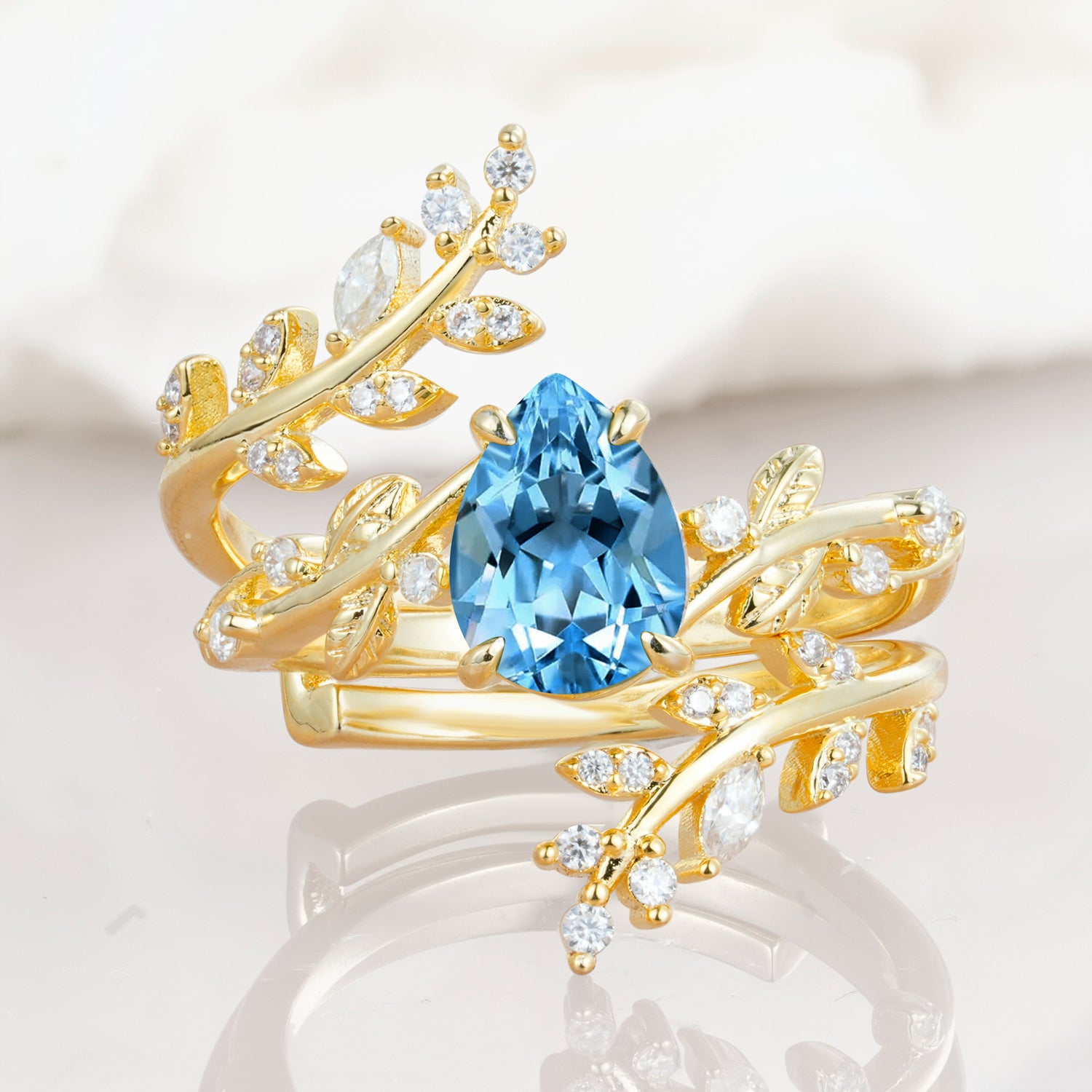 Nature Inspired  Pear Cut Aquamarine Bridal Ring Set for Women