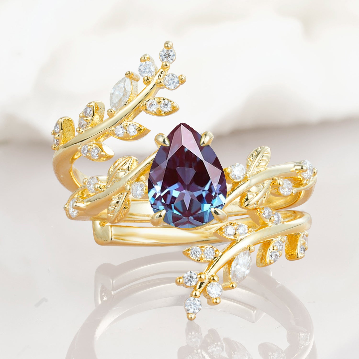 Nature Inspired  Pear Cut Alexandrite Bridal Ring Set for Women
