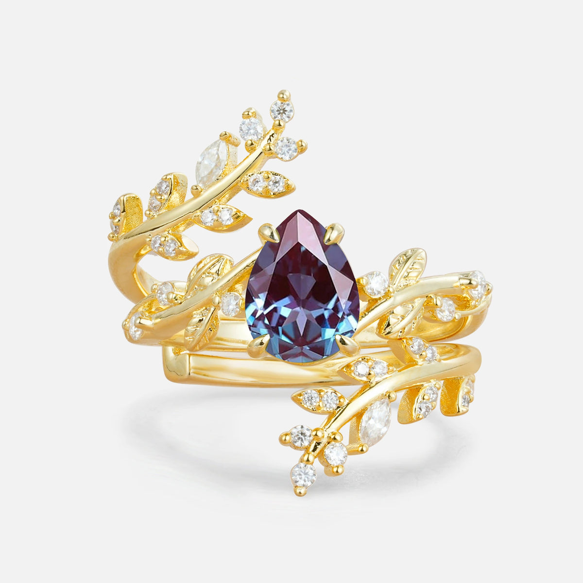 Nature Inspired  Pear Cut Alexandrite Bridal Ring Set for Women