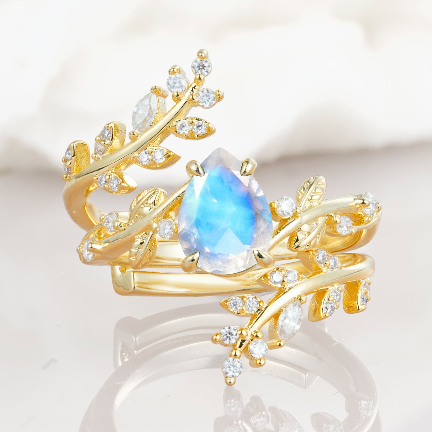 Nature Inspired  Pear Cut Moonstone Bridal Ring Set for Women