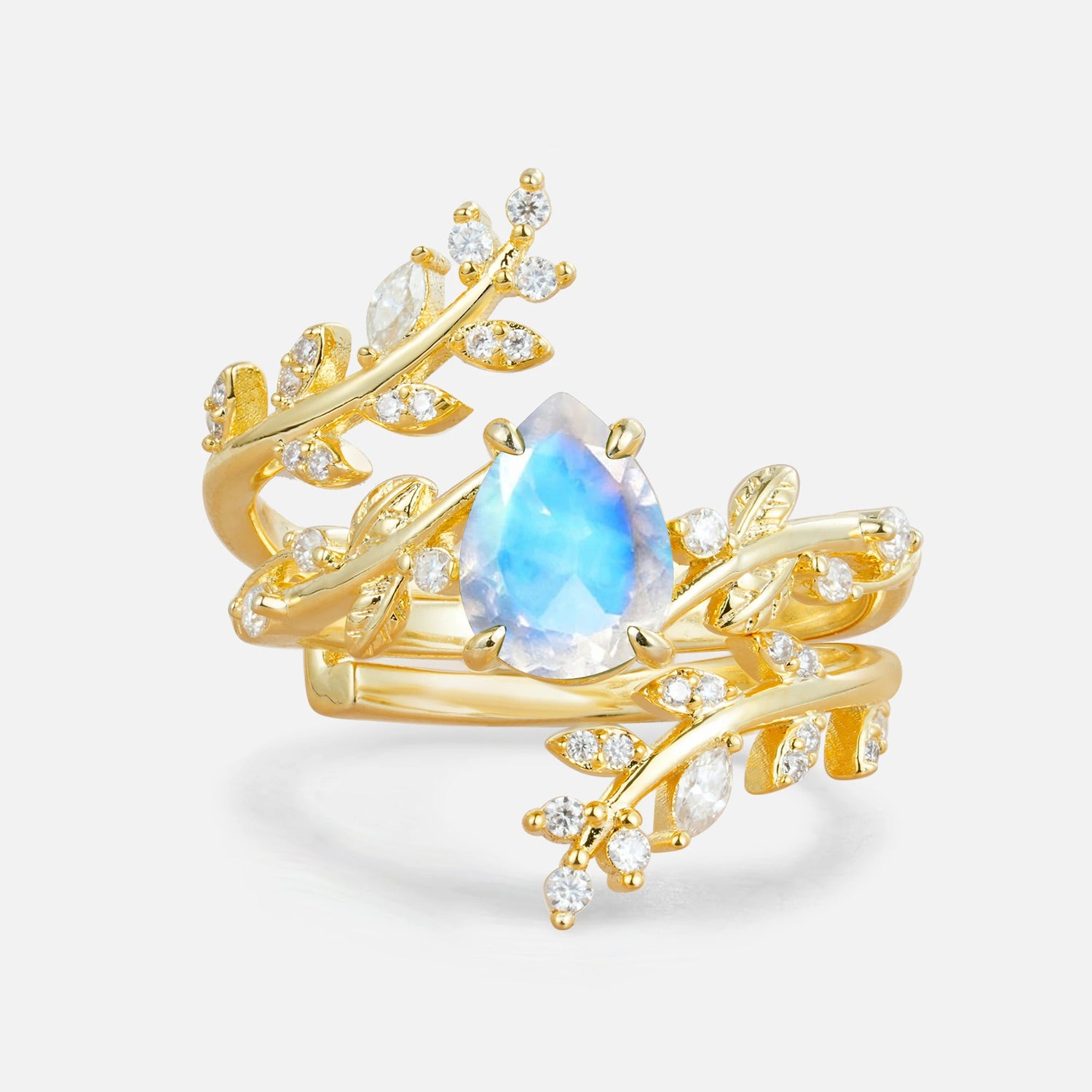 Nature Inspired  Pear Cut Moonstone Bridal Ring Set for Women
