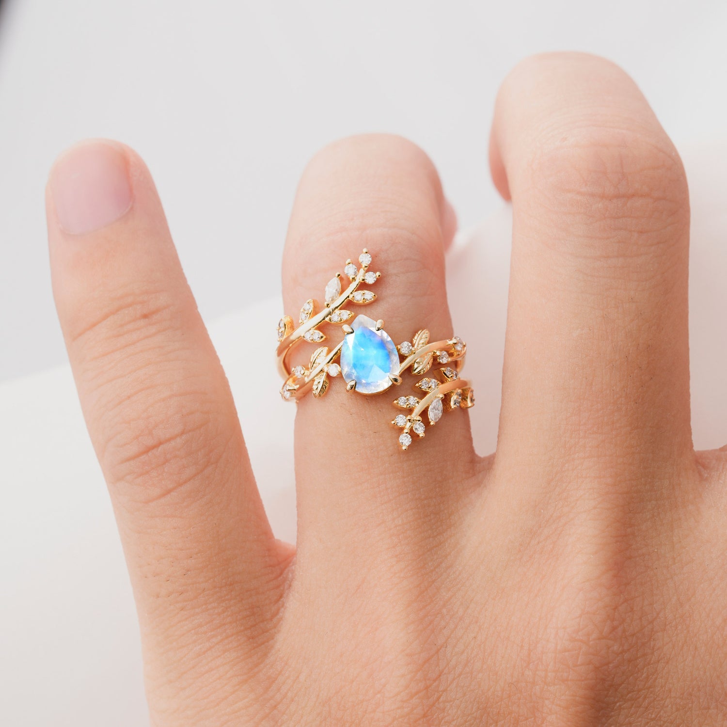 Nature Inspired  Pear Cut Moonstone Bridal Ring Set for Women