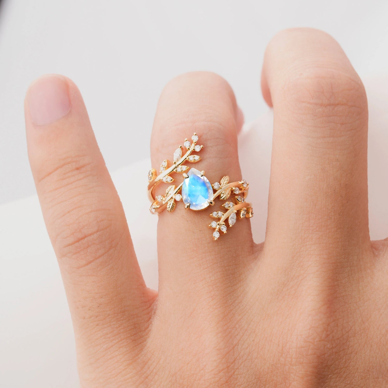Nature Inspired  Pear Cut Moonstone Bridal Ring Set for Women