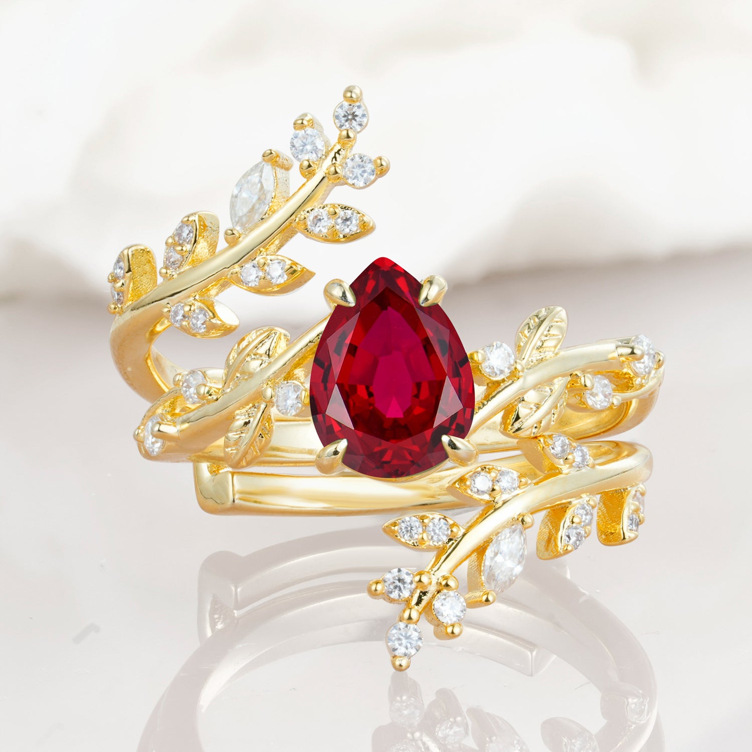 Nature Inspired  Pear Cut Ruby Bridal Ring Set for Women