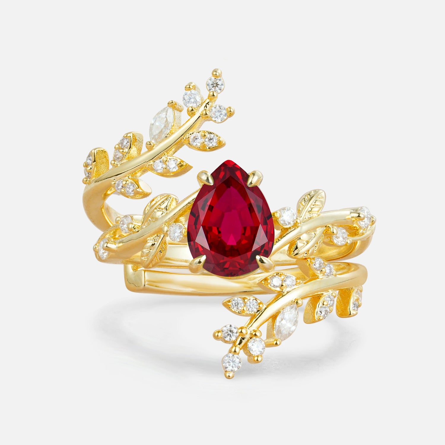 Nature Inspired  Pear Cut Ruby Bridal Ring Set for Women