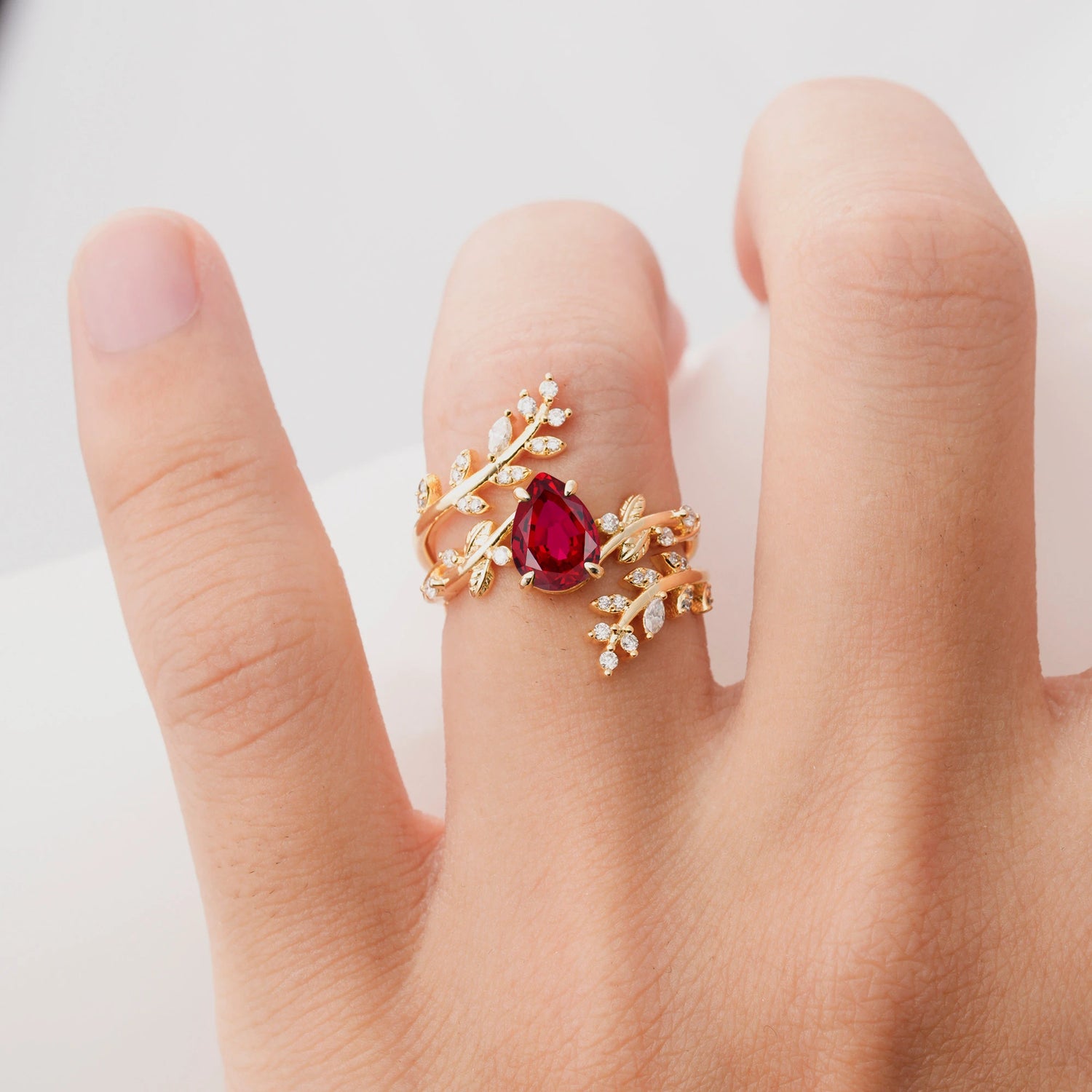 Nature Inspired  Pear Cut Ruby Bridal Ring Set for Women