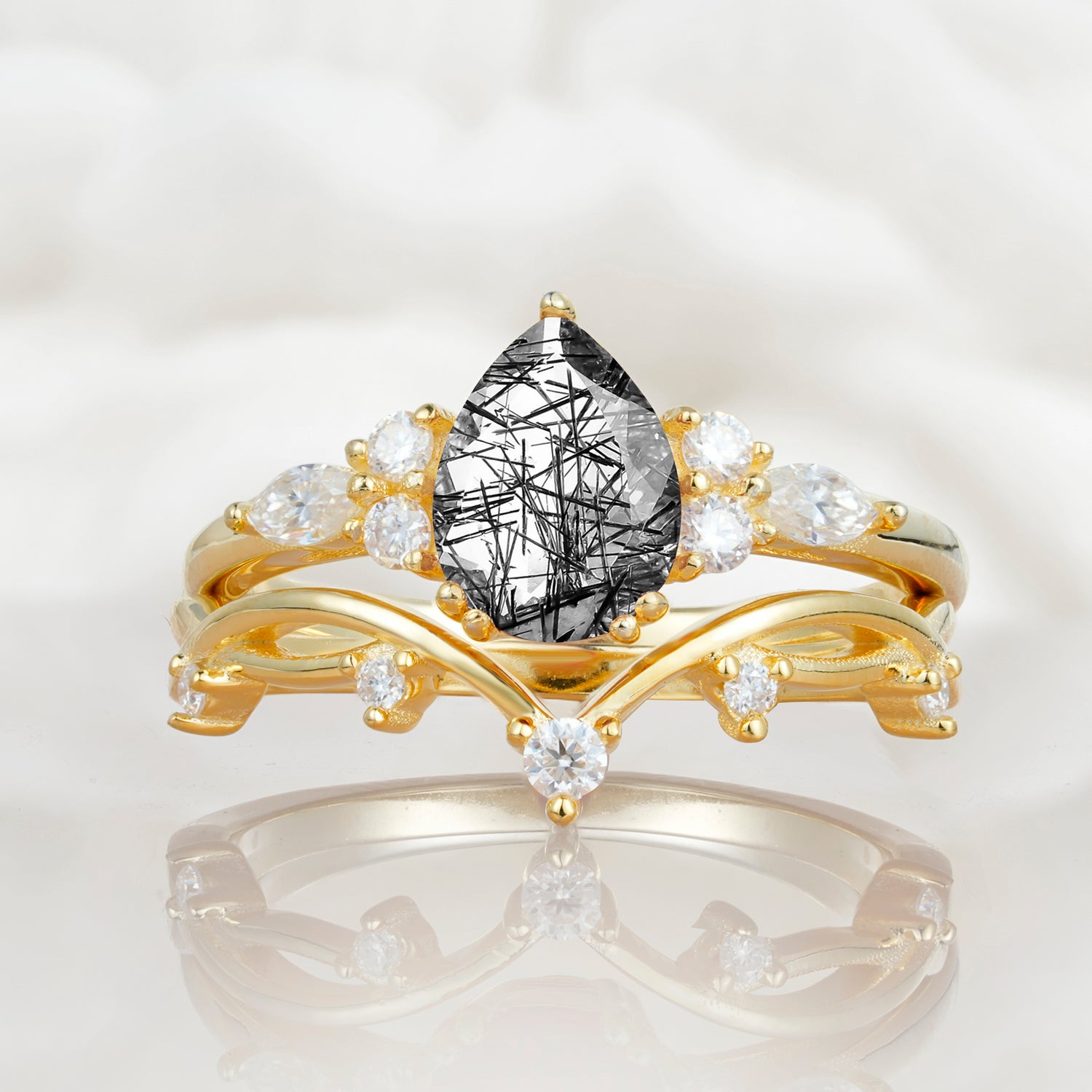 Classic Pear Cut Black Rutilated Quartz Engagement Ring Set for Women