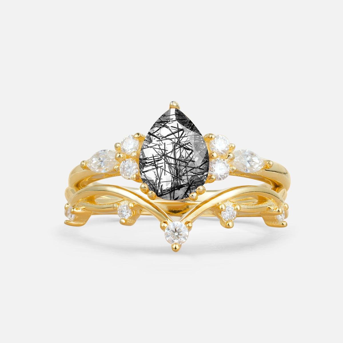 Classic Pear Cut Black Rutilated Quartz Engagement Ring Set for Women