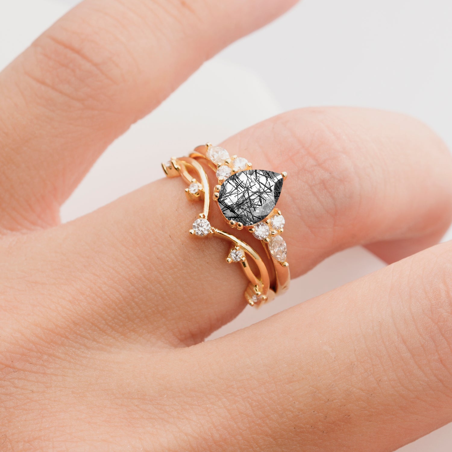Classic Pear Cut Black Rutilated Quartz Engagement Ring Set for Women