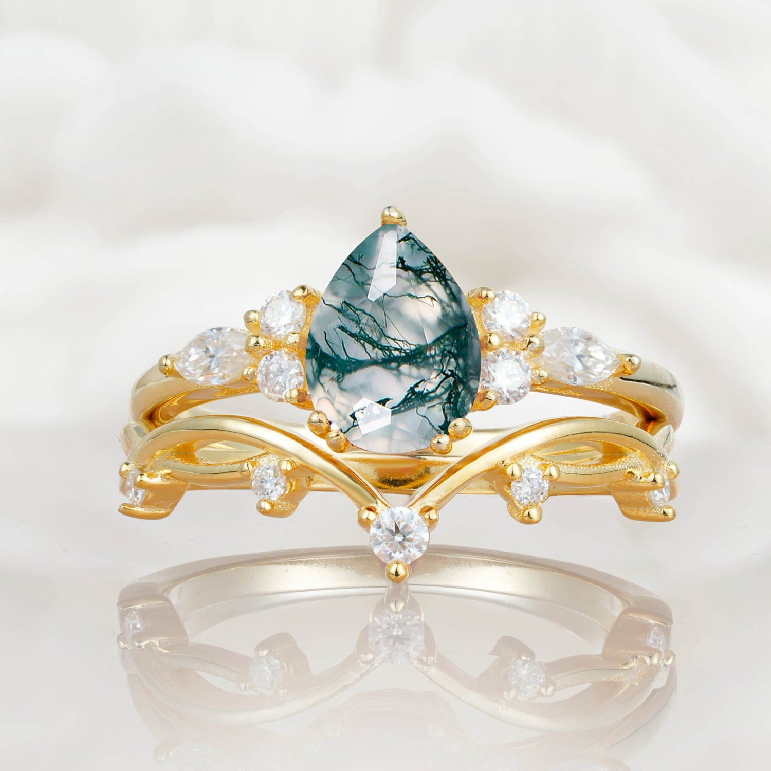 Classic Pear Cut Moss Agate Engagement Ring Set for Women