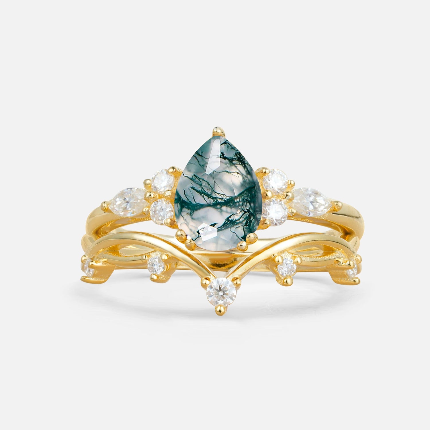 Classic Pear Cut Moss Agate Engagement Ring Set for Women