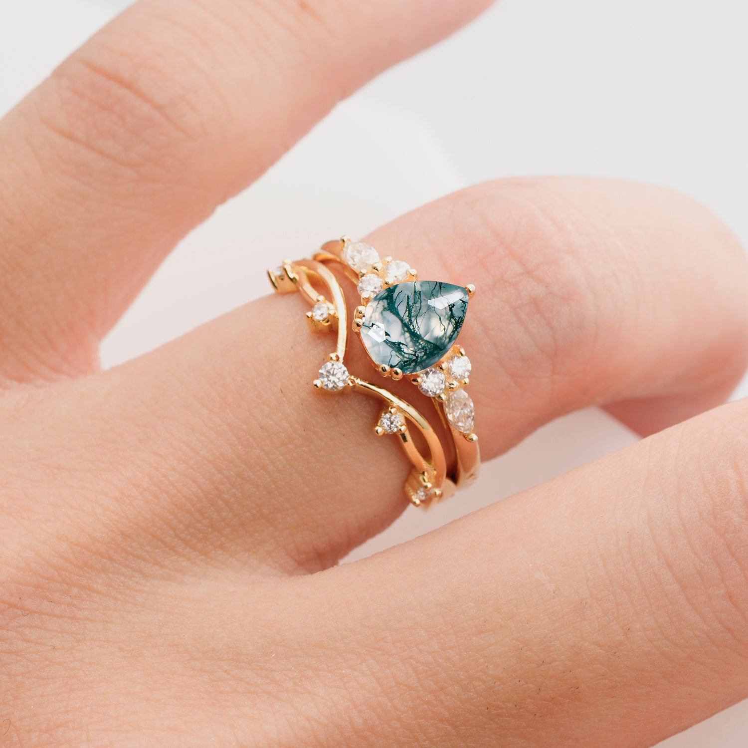 Classic Pear Cut Moss Agate Engagement Ring Set for Women