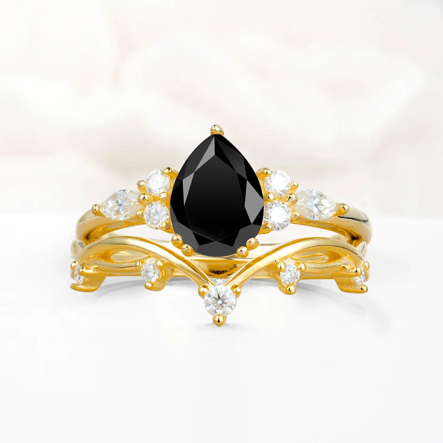 Classic Pear Cut Black Onyx Engagement Ring Set for Women