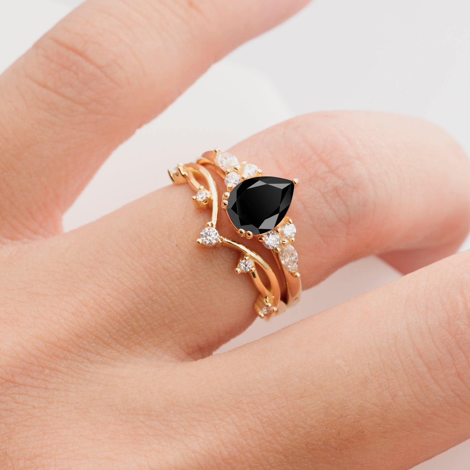 Classic Pear Cut Black Onyx Engagement Ring Set for Women