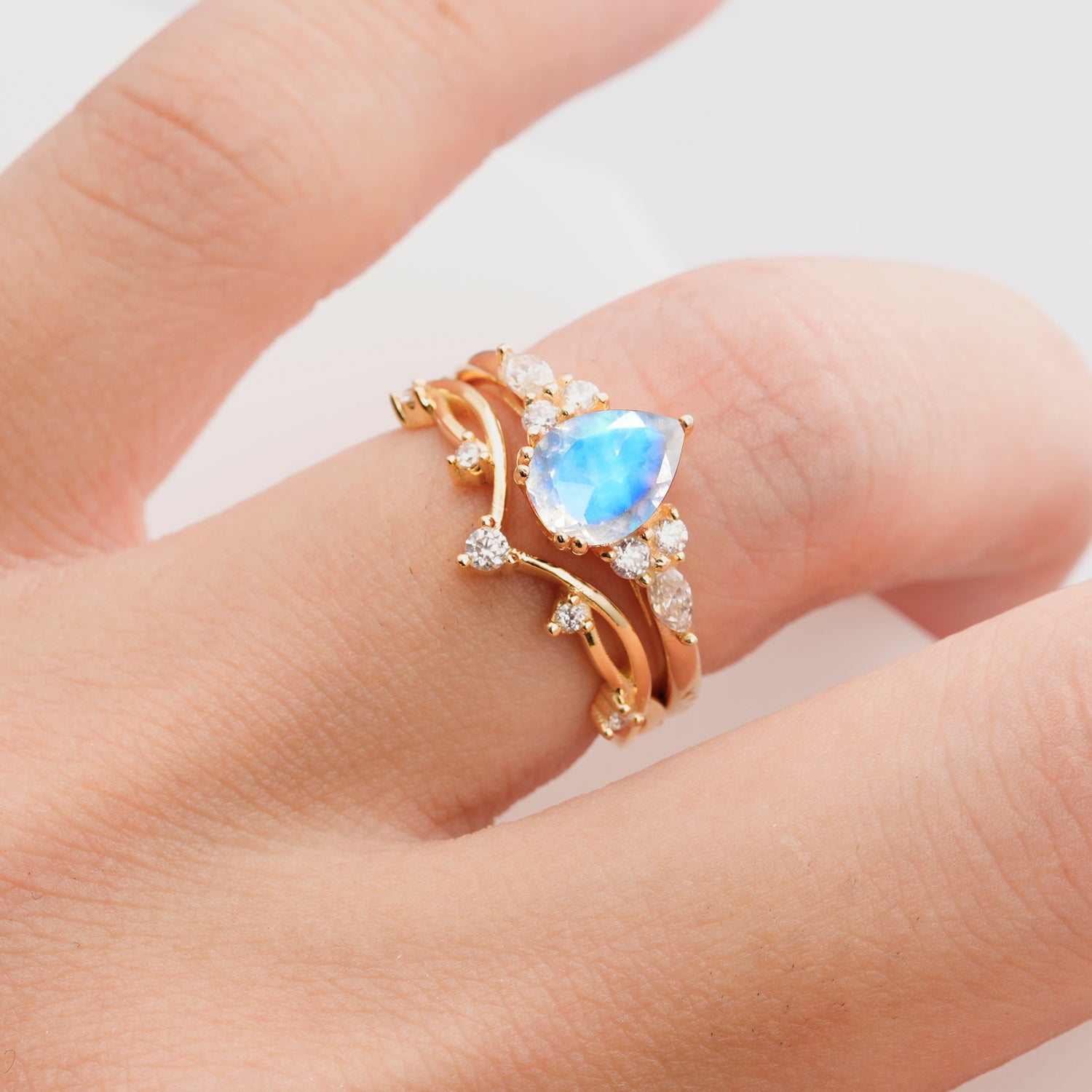 Classic Pear Cut Moonstone Engagement Ring Set for Women