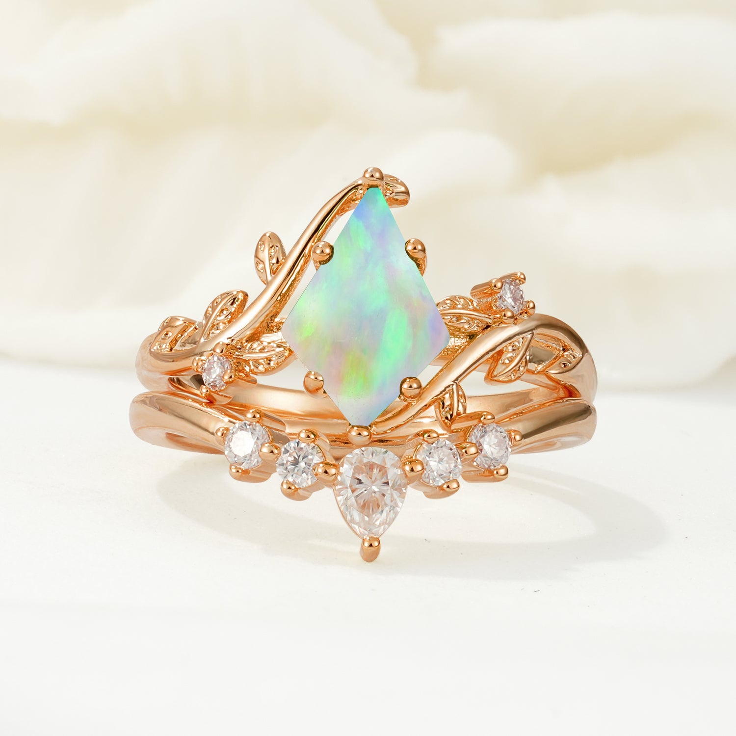 Nature-Inspired Kite-Cut Fire Opal Bridal Ring Set