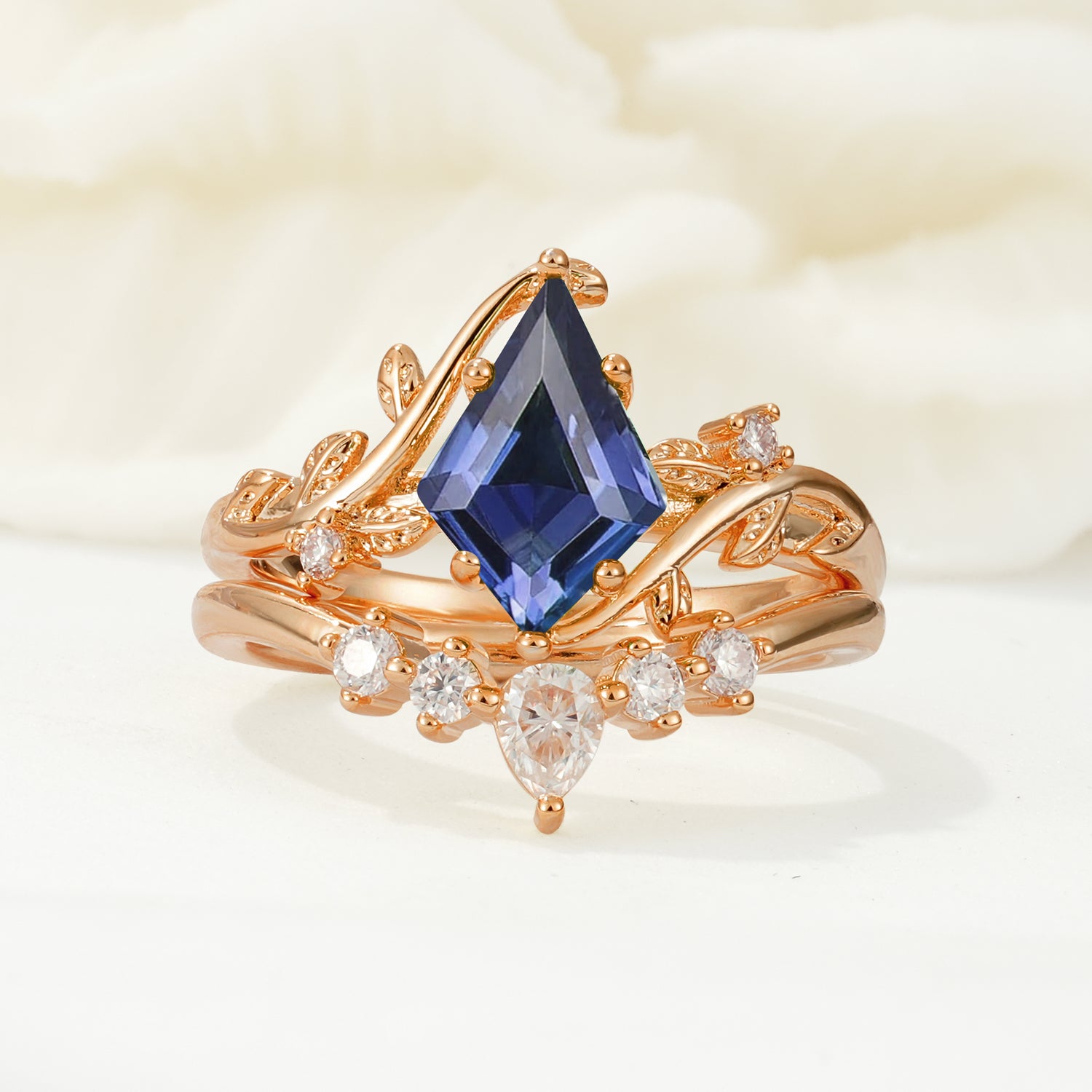 Nature-Inspired Kite-Cut Tanzanite Bridal Ring Set