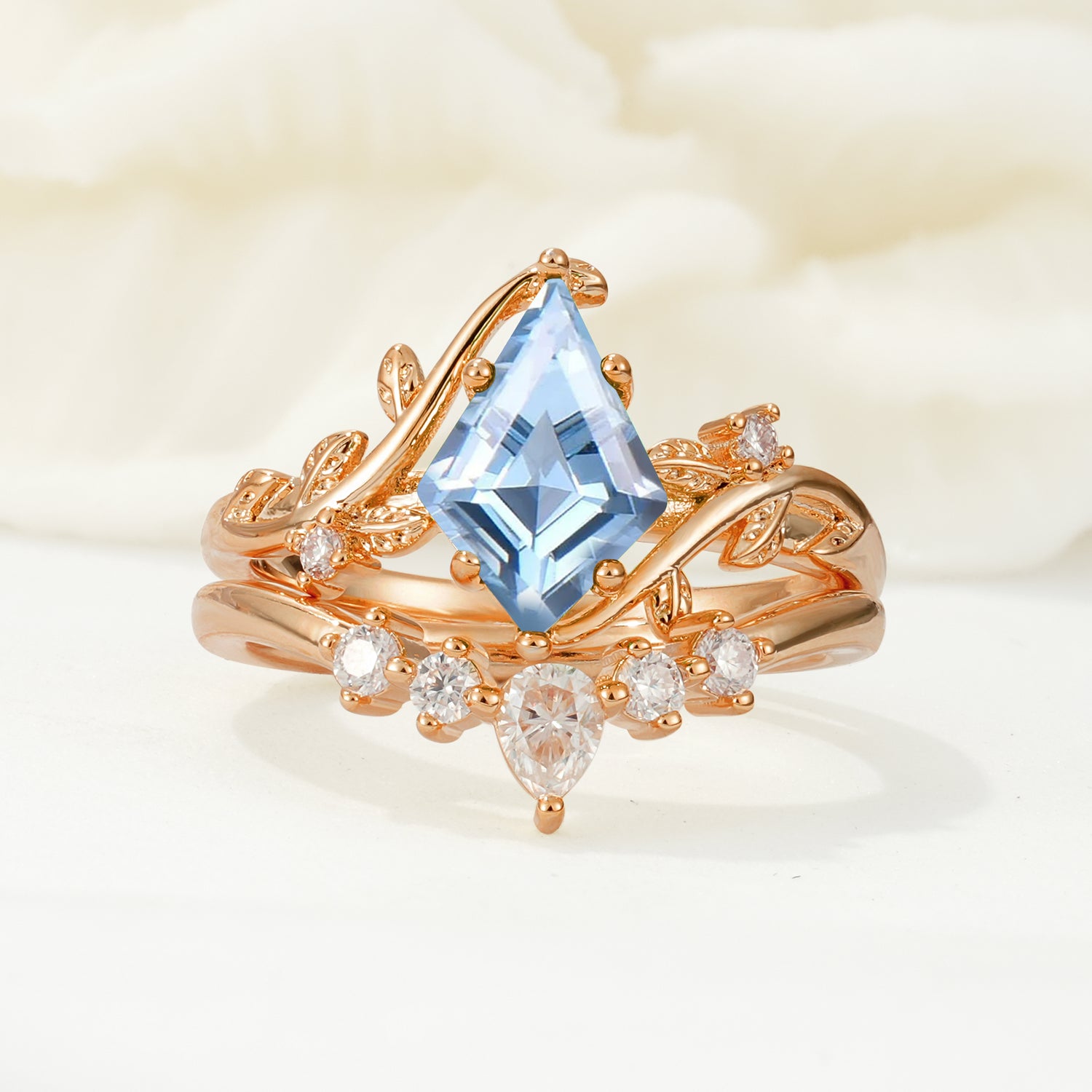 Nature-Inspired Kite-Cut Aquamarine Bridal Ring Set