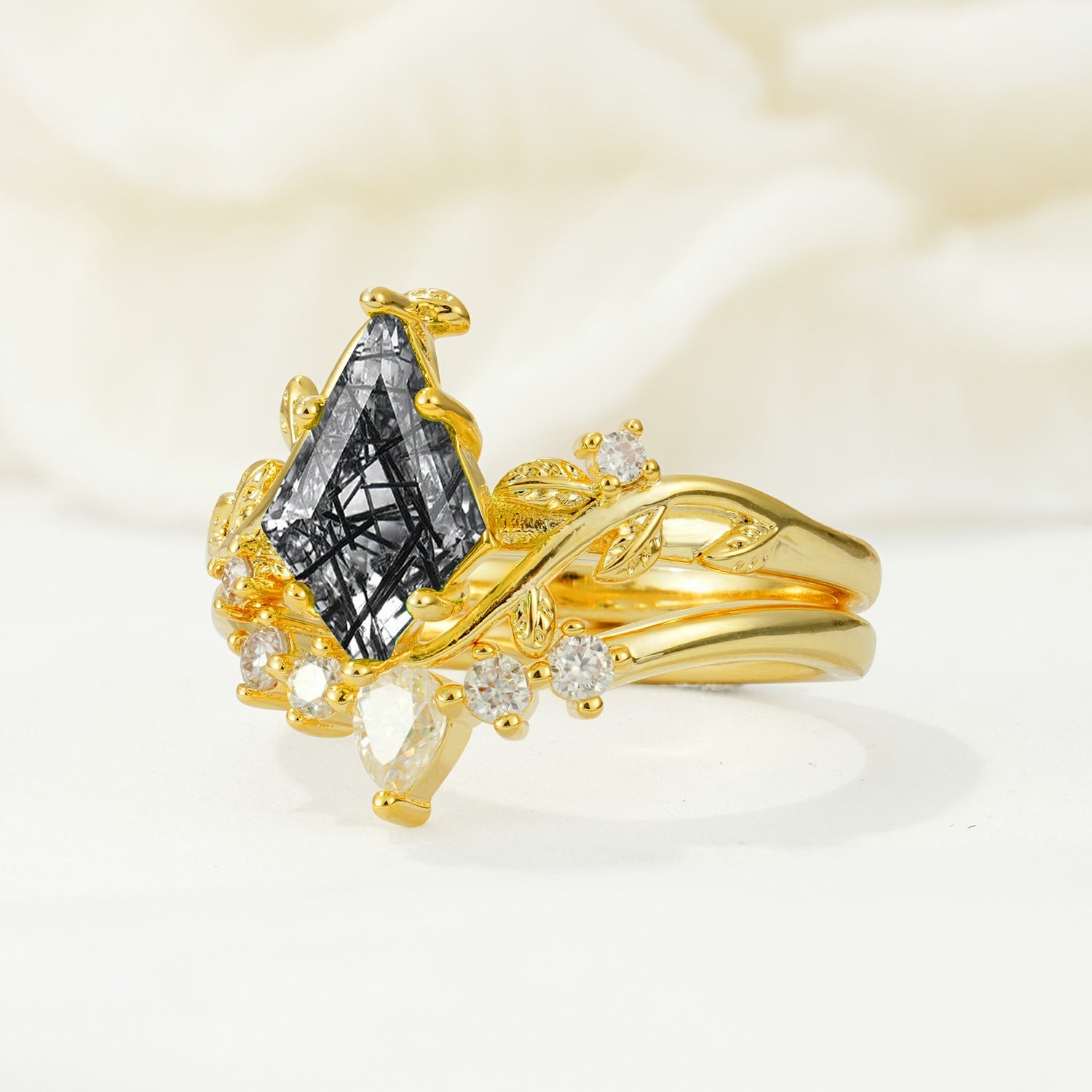 SR17116 Black Rutilated Quartz Ring - White-Gold