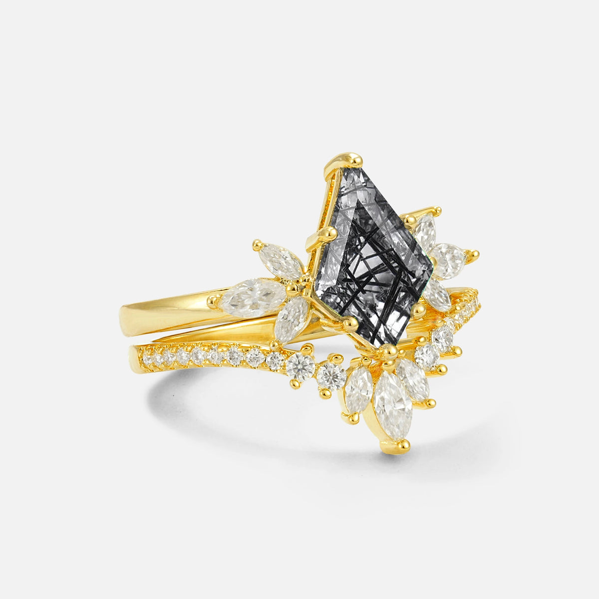 SR17117 Black Rutilated Quartz Ring - White-Gold