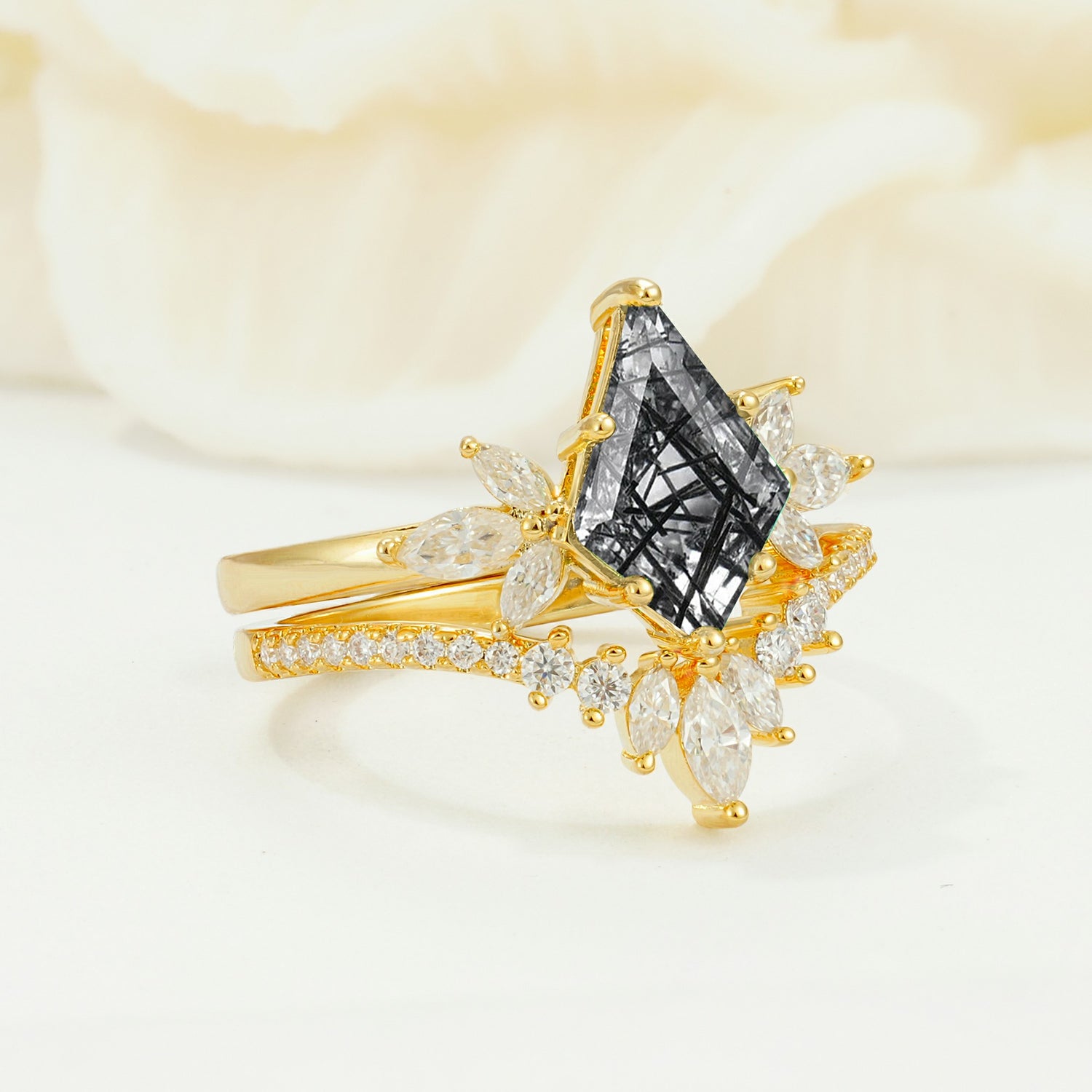 SR17117 Black Rutilated Quartz Ring - White-Gold