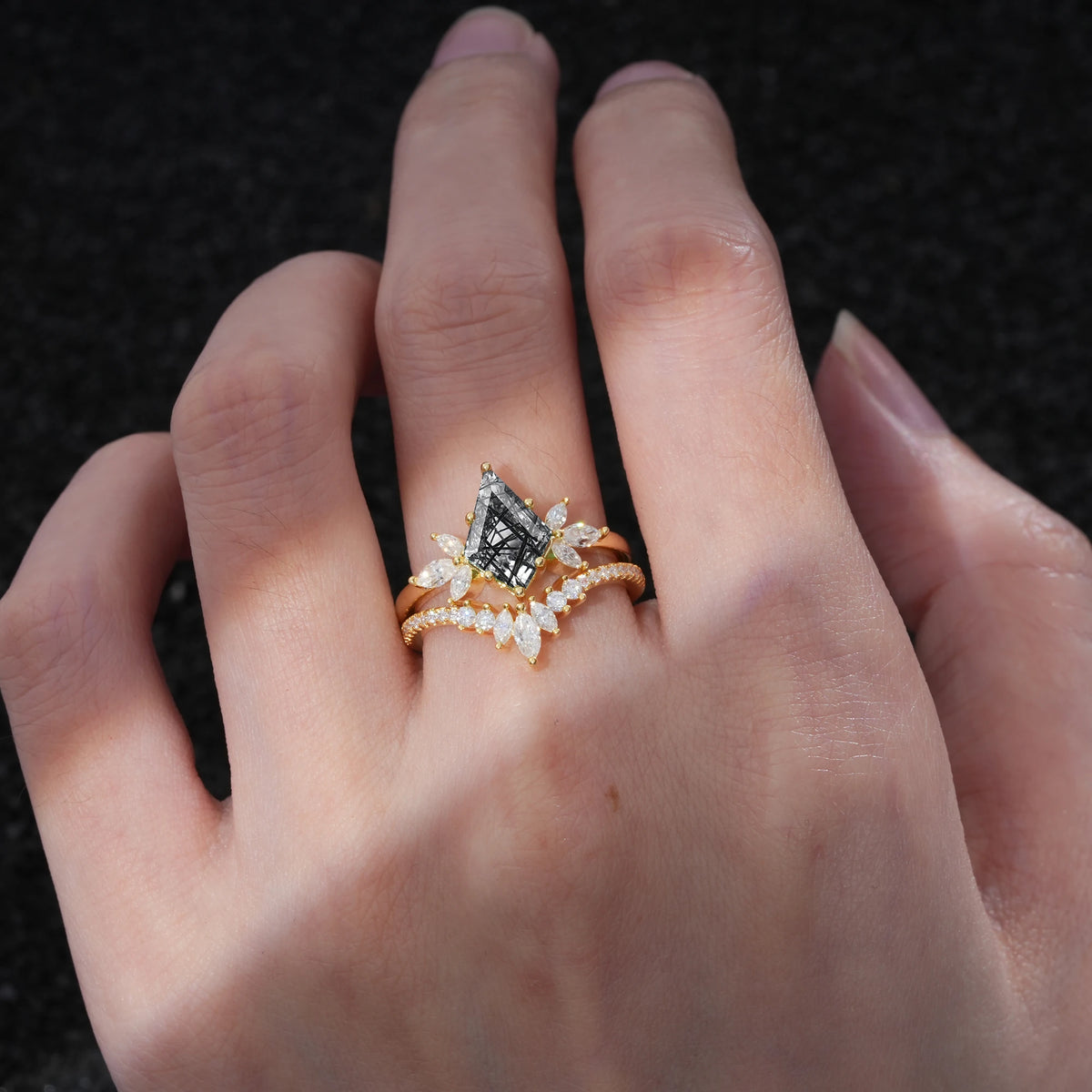 Classic Luxury Kite-Cut Black Rutilated Quartz Bridal Ring Set