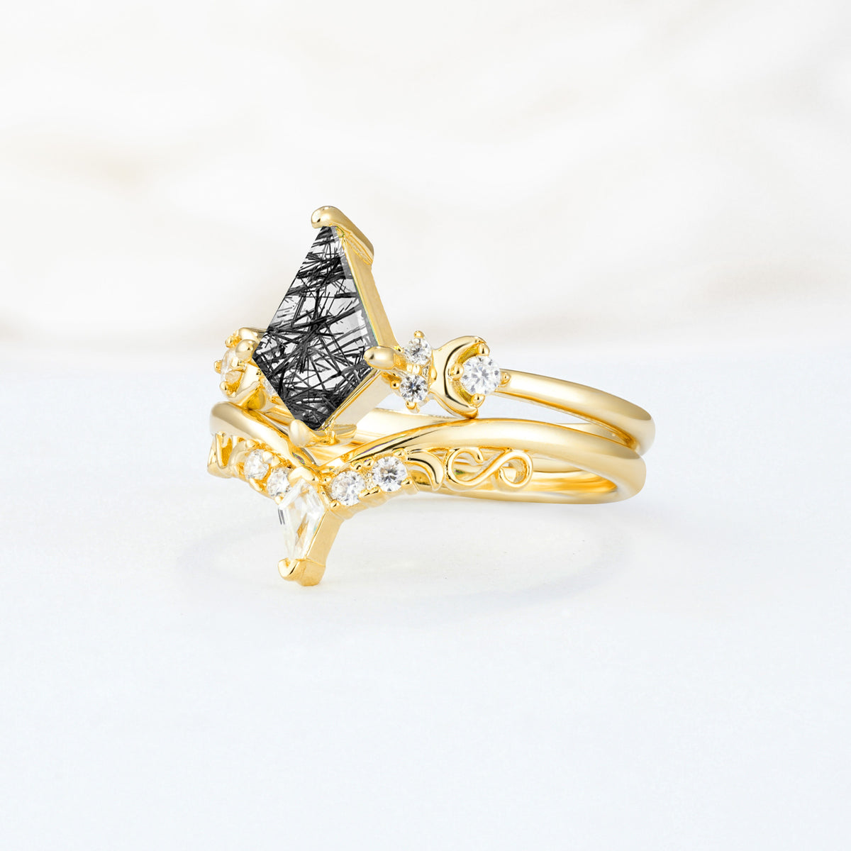 SR17118 Black Rutilated Quartz Ring - White-Gold