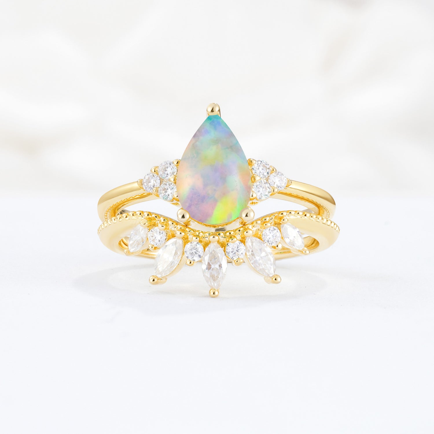 Classic Luxury Pear Cut Opal Bridal Ring Set
