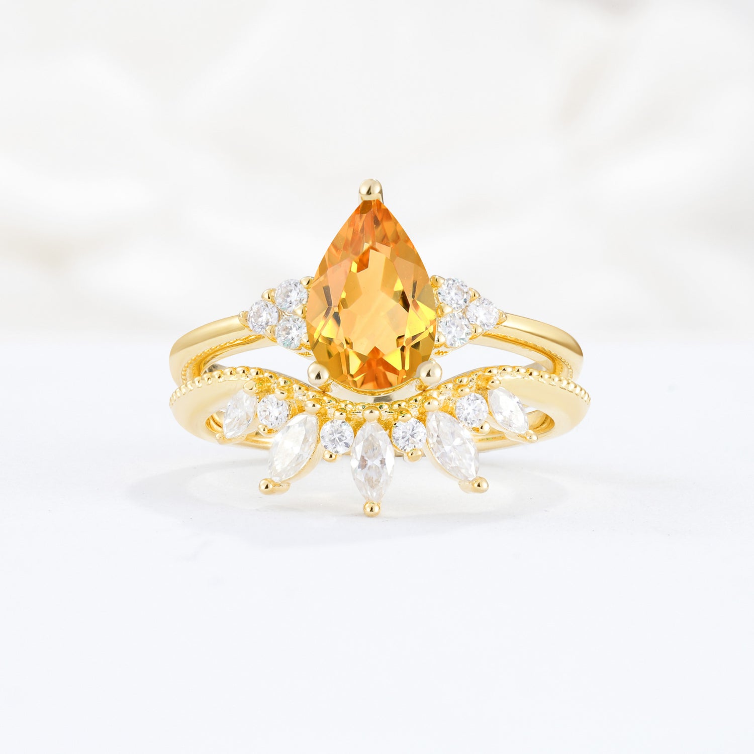 Classic Luxury Pear Cut Citrine Bridal Ring Set