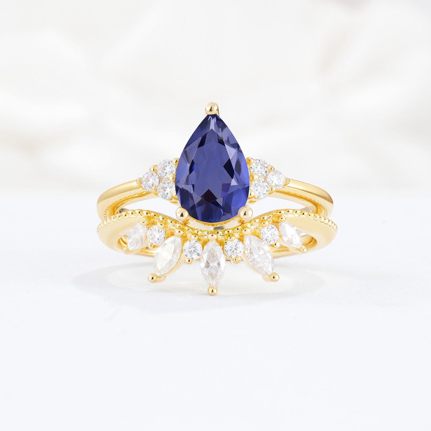 Classic Luxury Pear Cut Tanzanite Bridal Ring Set
