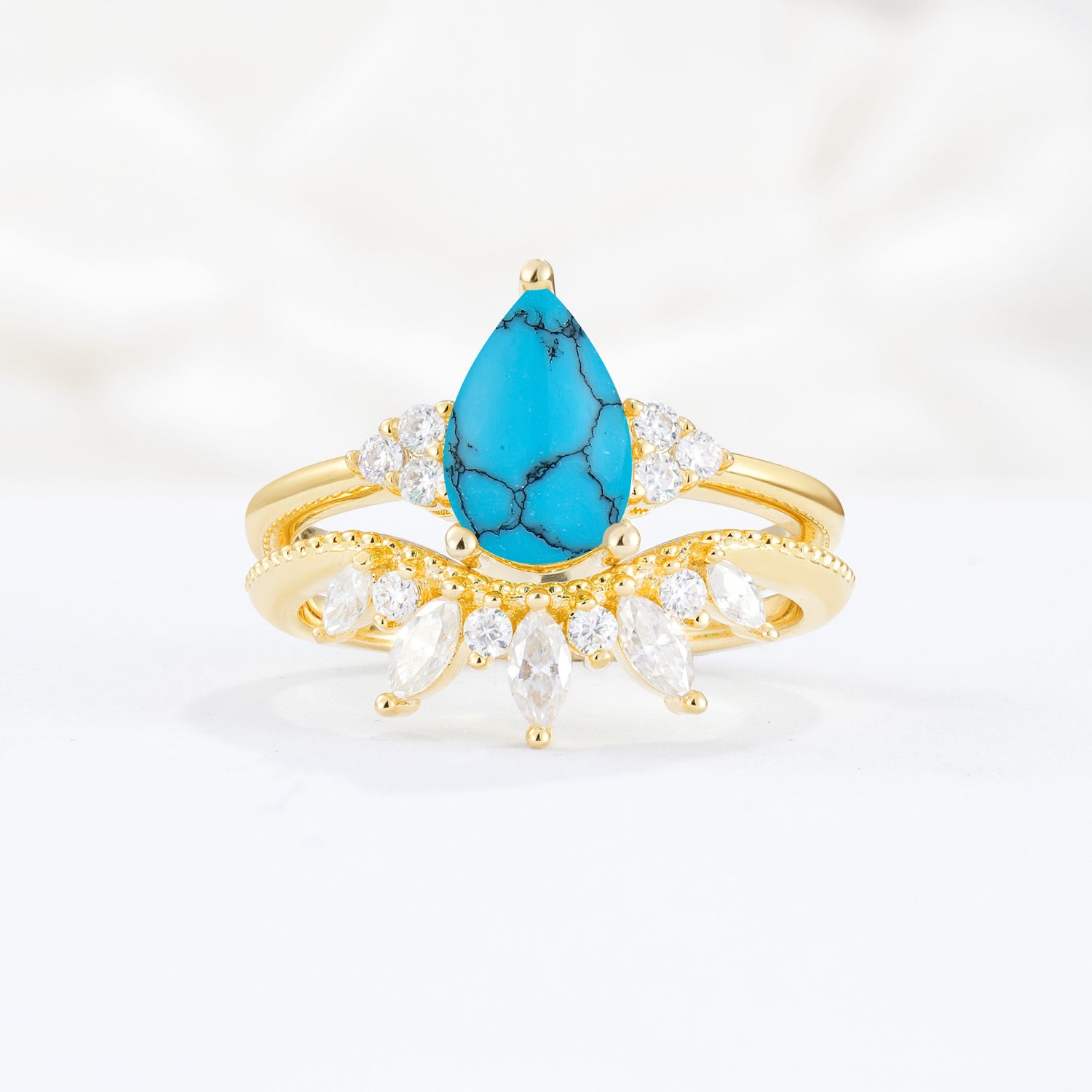 Classic Luxury Pear Cut Turquoise Bridal Ring Set